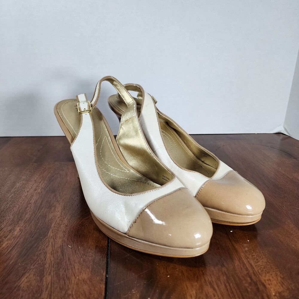Tahari LONDON Leather Slingback Platform Pump Heel Cap Toe Sandal Tan 9M